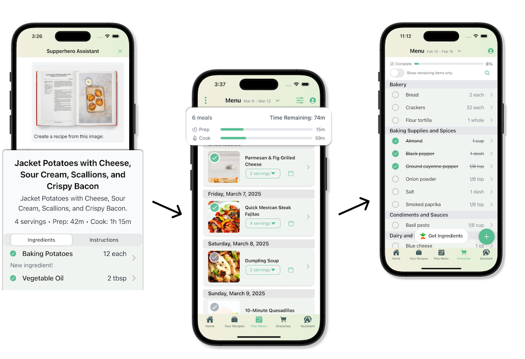Get inspired -> Plan your menu -> Shop smarter